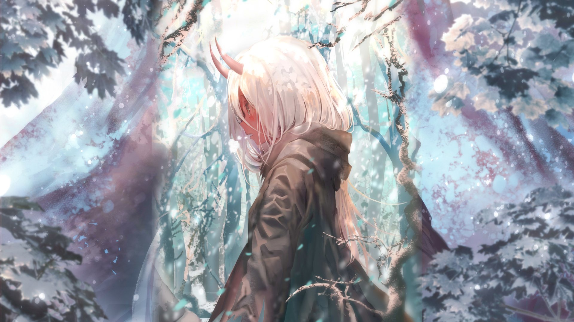 Anime character Zero Two from Darling in the FranXX stands in a snowy, forested area. This HD wallpaper showcases a serene winter scene with soft lighting and detailed artwork.