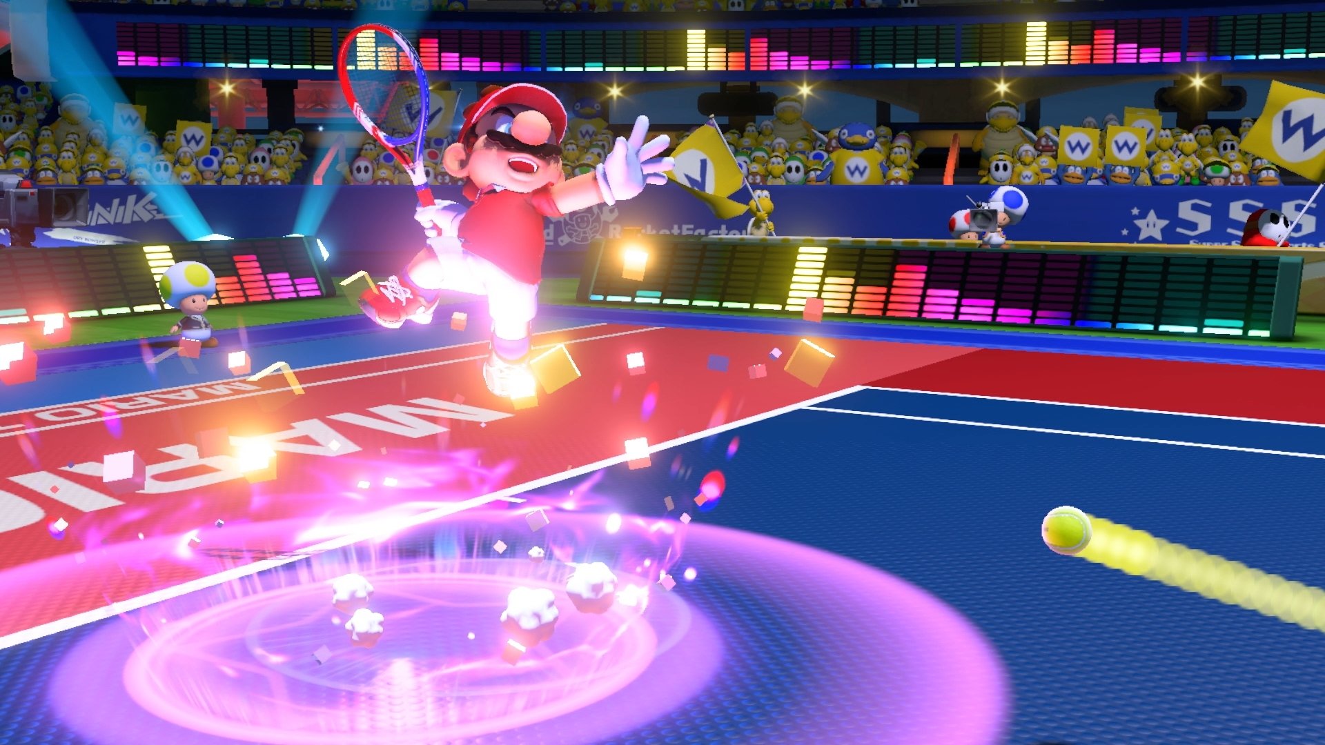 HD desktop wallpaper from Mario Tennis Aces featuring Mario swinging his racket with dynamic effects on the court.