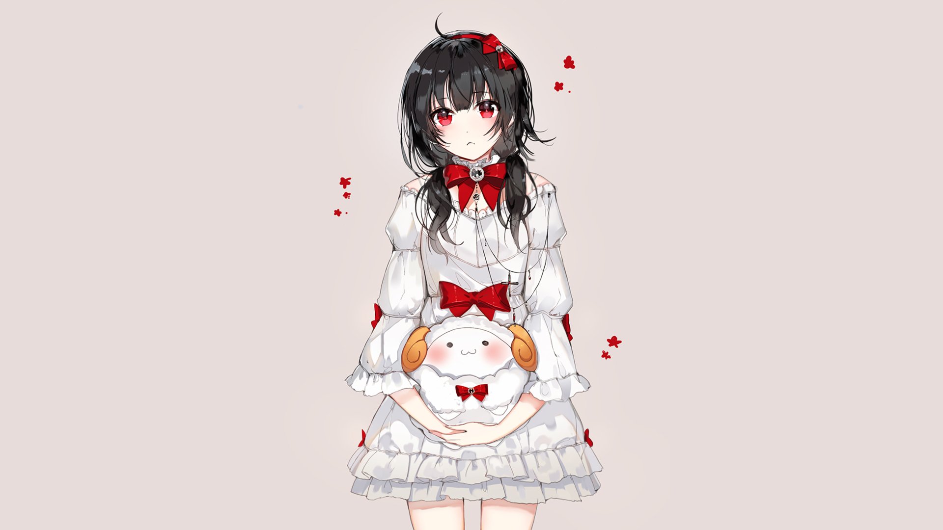 Anime girl with black hair and red eyes in a white frilly dress holding a cute plush, detailed in 4K Ultra HD for PC desktop wallpaper and background.