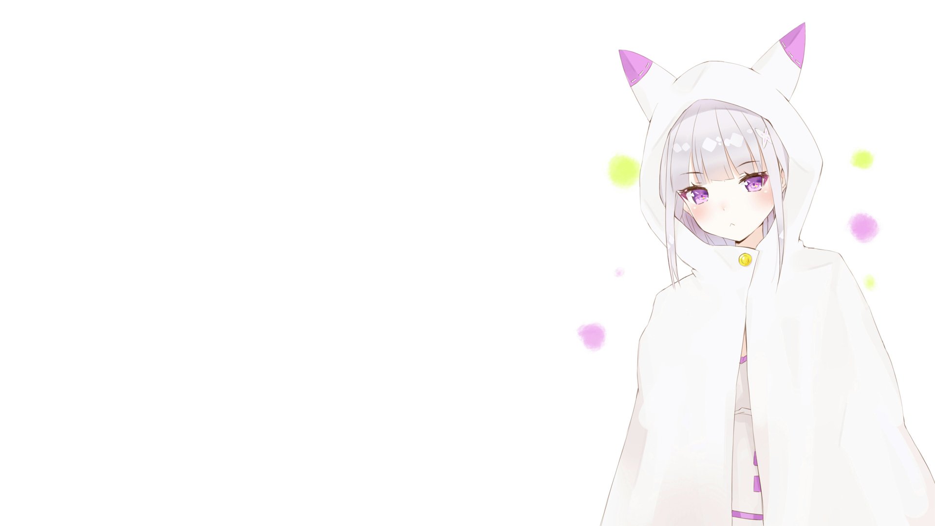 Emilia from Re:Zero - Starting Life in Another World stands against a white background, wearing a white hooded cloak with cat ears in this 4K Ultra HD anime wallpaper.