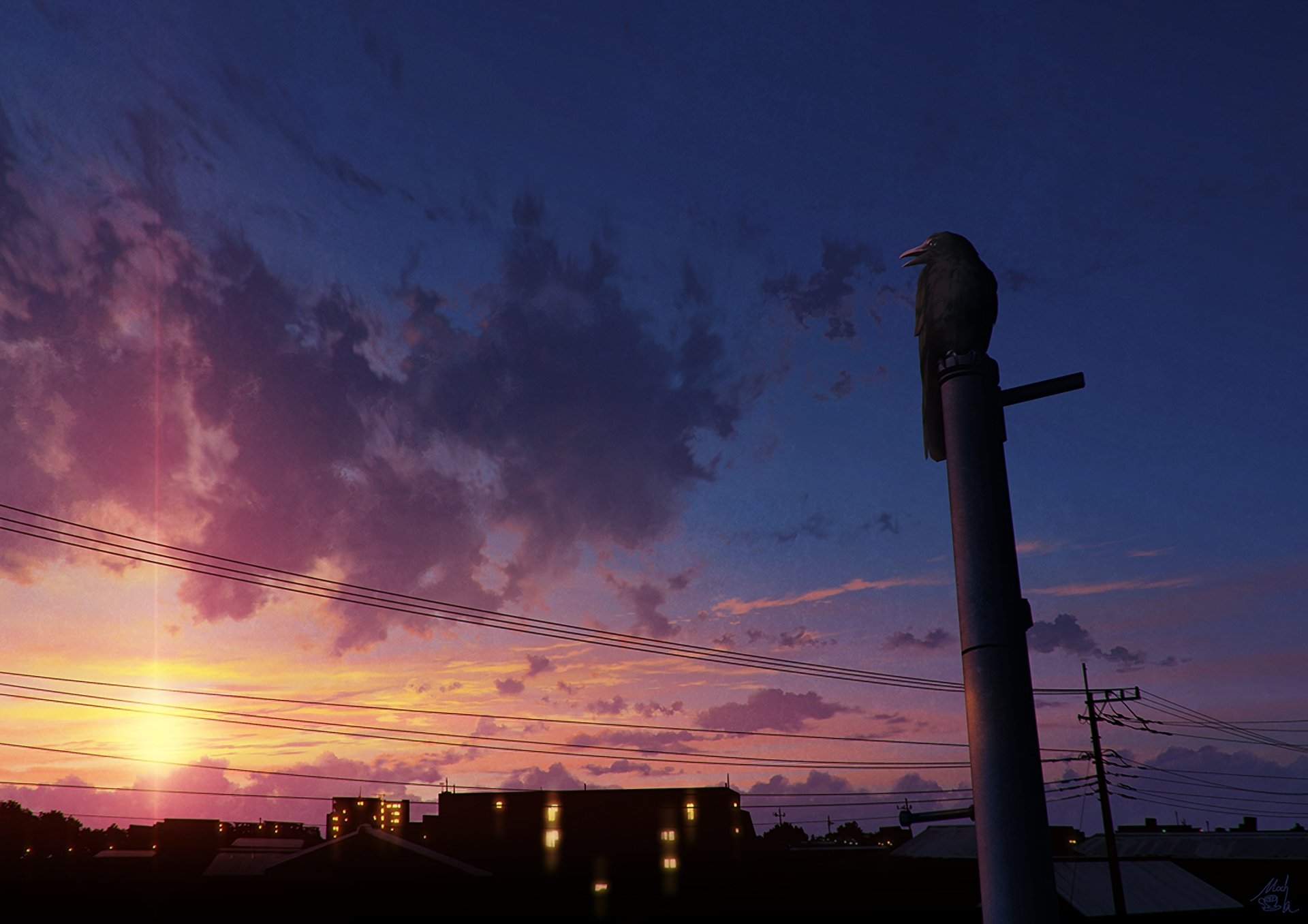 HD anime wallpaper depicting a serene sunset over a small town, with a bird perched on a pole against a backdrop of colorful clouds and silhouetted buildings.