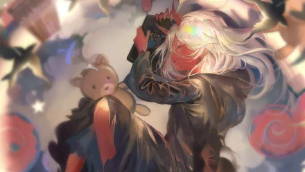 HD PC desktop wallpaper featuring Zero Two from Darling in the FranXX in an anime-style artwork with dynamic lighting and a teddy bear in the background.