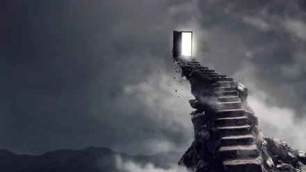 Artistic 4K Ultra HD wallpaper of crumbling stone stairs leading to a glowing open door suspended in a cloudy, surreal landscape.