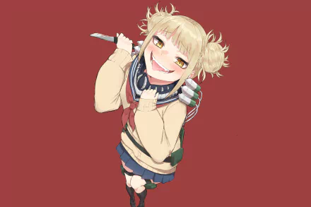 HD anime desktop wallpaper featuring Himiko Toga from My Hero Academia, showcasing her mischievous smile and knife against a solid red background.