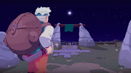 HD desktop wallpaper from Moonlighter, featuring a character gazing at a night sky with a full moon above ancient ruins.