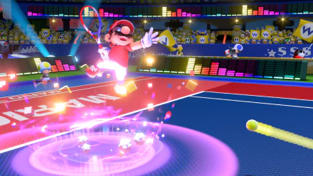 HD desktop wallpaper from Mario Tennis Aces featuring Mario swinging his racket with dynamic effects on the court.