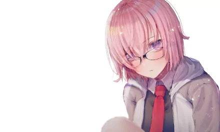 Mashu Kyrielight (Fate/Grand Order) — anime HD PC desktop wallpaper: pink-haired girl in glasses, wearing a hoodie and red tie on a clean white background.