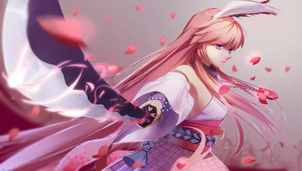 HD PC desktop wallpaper featuring Yae Sakura from the anime Benghuai Xueyuan, surrounded by falling pink petals and vibrant dynamic lighting.