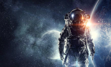 4K Ultra HD Sci Fi desktop wallpaper featuring an astronaut floating in space with a distant planet and stars glowing in the background.