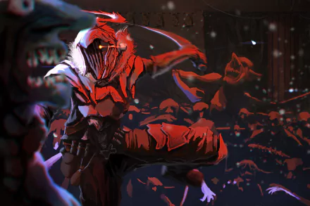 HD desktop wallpaper of the anime Goblin Slayer, featuring the protagonist in intense battle with goblins in a dark setting.