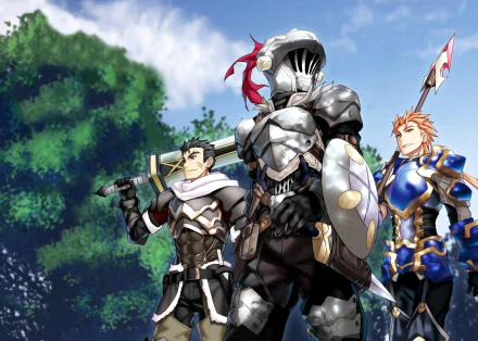 Anime-themed HD desktop wallpaper featuring characters from Goblin Slayer, including a knight in armor and two companions, set against a lush, green forest and clear blue sky background.