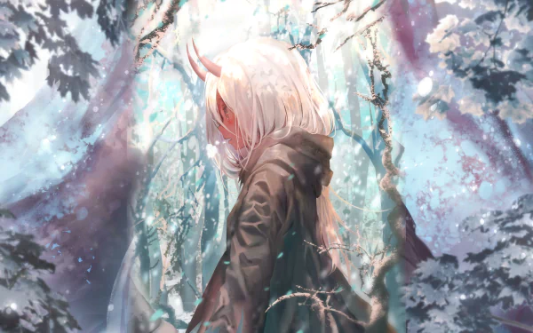 Anime character Zero Two from Darling in the FranXX stands in a snowy, forested area. This HD wallpaper showcases a serene winter scene with soft lighting and detailed artwork.