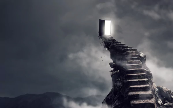 Artistic 4K Ultra HD wallpaper of crumbling stone stairs leading to a glowing open door suspended in a cloudy, surreal landscape.