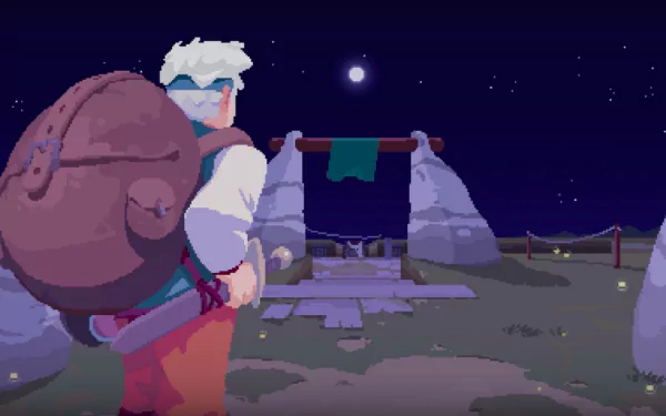 HD desktop wallpaper from Moonlighter, featuring a character gazing at a night sky with a full moon above ancient ruins.