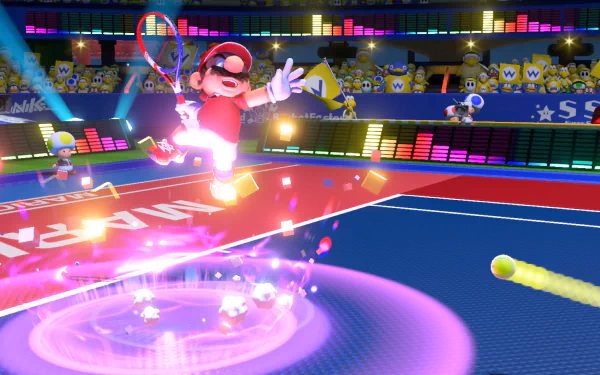 HD desktop wallpaper from Mario Tennis Aces featuring Mario swinging his racket with dynamic effects on the court.