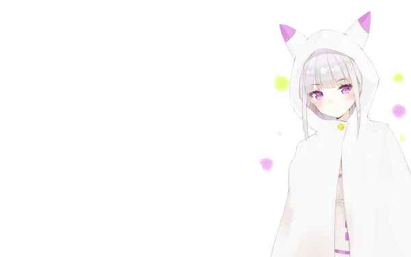 Emilia from Re:Zero - Starting Life in Another World stands against a white background, wearing a white hooded cloak with cat ears in this 4K Ultra HD anime wallpaper.