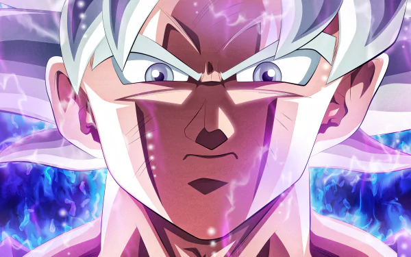 Goku in Ultra Instinct form from Dragon Ball Super, depicted in vibrant colors and intense detail, designed as an 8K Ultra HD PC desktop wallpaper.