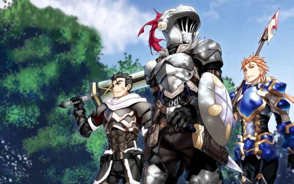 Anime-themed HD desktop wallpaper featuring characters from Goblin Slayer, including a knight in armor and two companions, set against a lush, green forest and clear blue sky background.