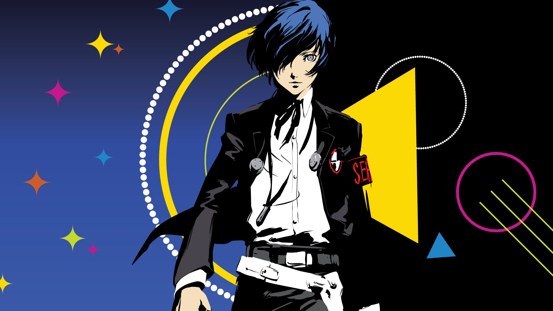 4K Ultra HD PC desktop wallpaper of Minato Arisato from the video game Persona 3, standing in his dark school uniform against a bold, colorful geometric background.