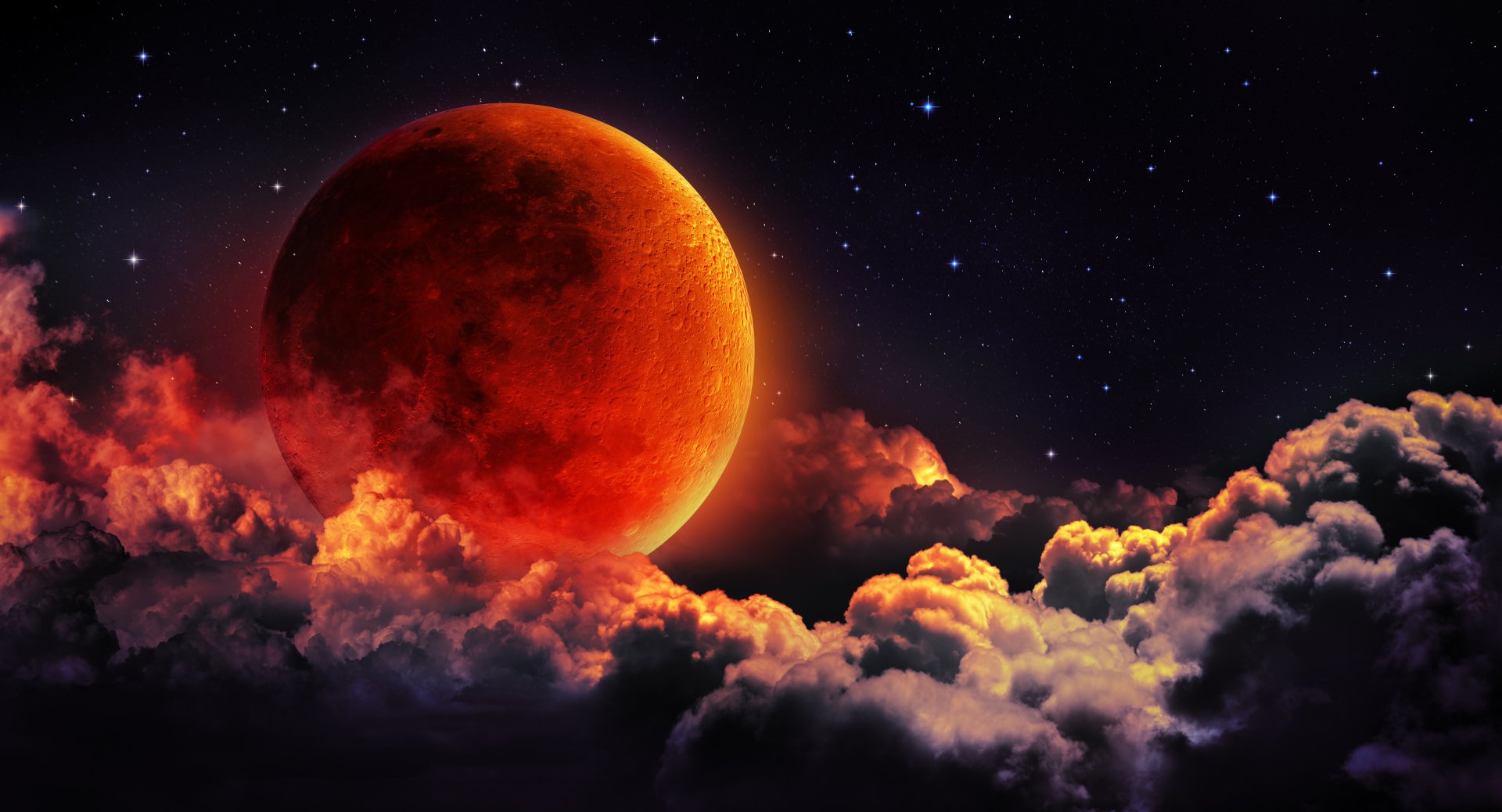 Sci-fi HD desktop wallpaper featuring a vivid, glowing moon amidst dramatic clouds with a starry night sky background.