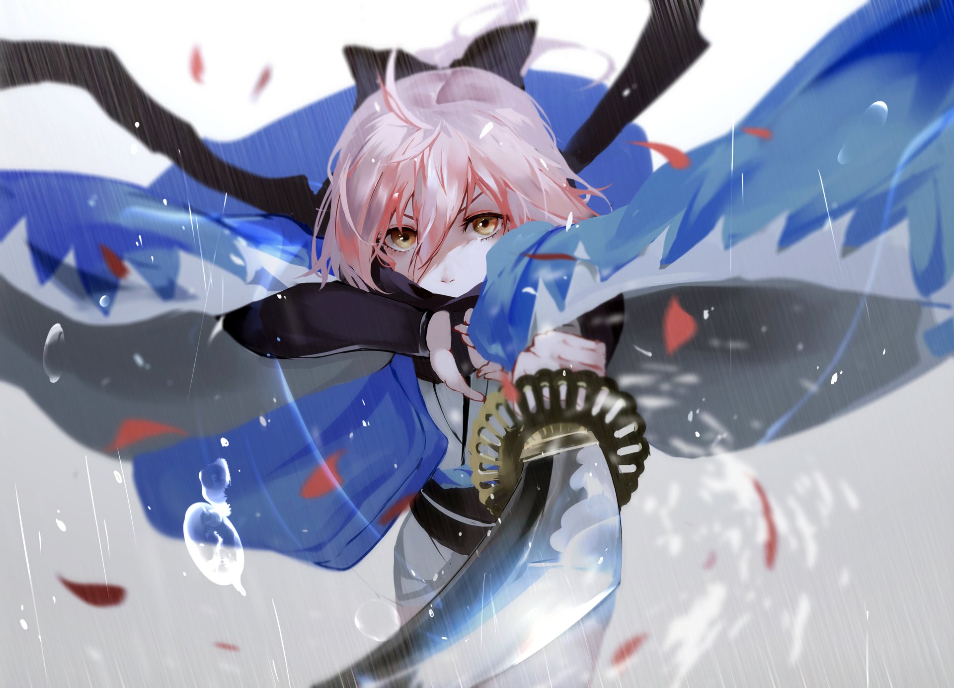 HD PC desktop wallpaper featuring Sakura Saber from Fate/Grand Order in dynamic anime style, with flowing blue and pink tones and falling petals.