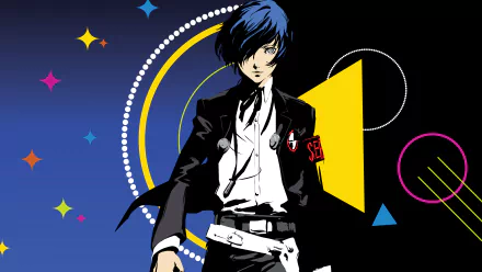 4K Ultra HD PC desktop wallpaper of Minato Arisato from the video game Persona 3, standing in his dark school uniform against a bold, colorful geometric background.