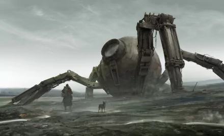 HD PC wallpaper of a post-apocalyptic landscape featuring a robotic spider, a lone figure, and a dog under a cloudy sky, blending sci-fi and desolation themes.