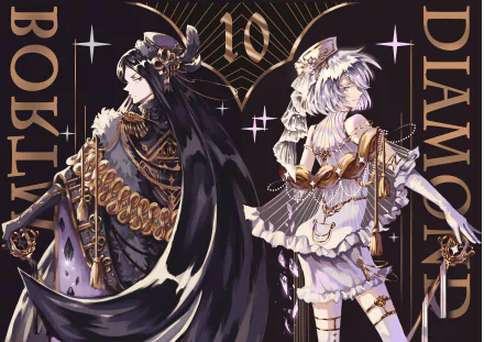 4K Ultra HD anime wallpaper featuring Diamond and Bort from Land of the Lustrous in detailed, elegant attire with a dark, sparkling background.