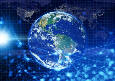 5K Ultra HD PC desktop wallpaper showing Earth overlaid with internet network lines, glowing nodes and a digital grid — technology-themed blue global connectivity background.
