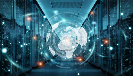 8K Ultra HD PC desktop wallpaper depicting a digital globe surrounded by data servers, symbolizing advanced internet technology and global connectivity.