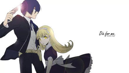 HD PC wallpaper of Minato Arisato (Persona 3) holding an Evoker beside Aigis, a blonde android in a black dress, set against a white background with the text Die for me.