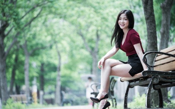 Women Asian Model Smile Black Hair Skirt Bench Depth Of Field HD Wallpaper | Background Image