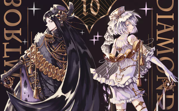 4K Ultra HD anime wallpaper featuring Diamond and Bort from Land of the Lustrous in detailed, elegant attire with a dark, sparkling background.