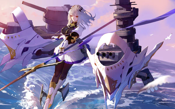 Saint-Louis from Azur Lane stands confidently on a futuristic battleship amid a serene ocean sunset in this HD anime desktop wallpaper.