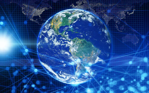 5K Ultra HD PC desktop wallpaper showing Earth overlaid with internet network lines, glowing nodes and a digital grid — technology-themed blue global connectivity background.