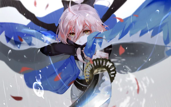 HD PC desktop wallpaper featuring Sakura Saber from Fate/Grand Order in dynamic anime style, with flowing blue and pink tones and falling petals.