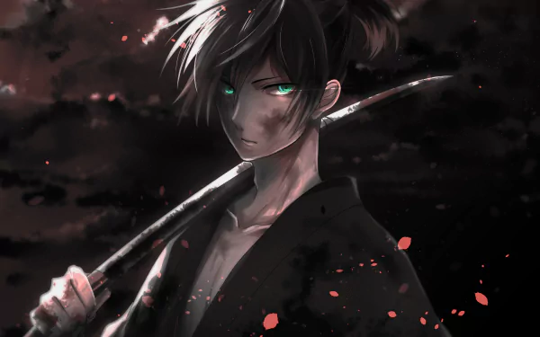 HD desktop wallpaper featuring Yato from the anime Noragami, holding a sword against a dark, moody background with red petals floating around.
