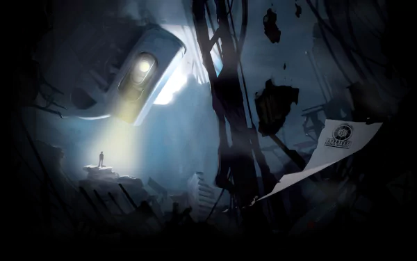 GLaDOS (Portal) from the Portal 2 video game looms over a lone silhouetted figure in a ruined test chamber; Aperture Science flag visible — 2K Quad HD PC desktop wallpaper/background.