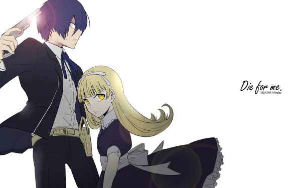 HD PC wallpaper of Minato Arisato (Persona 3) holding an Evoker beside Aigis, a blonde android in a black dress, set against a white background with the text Die for me.