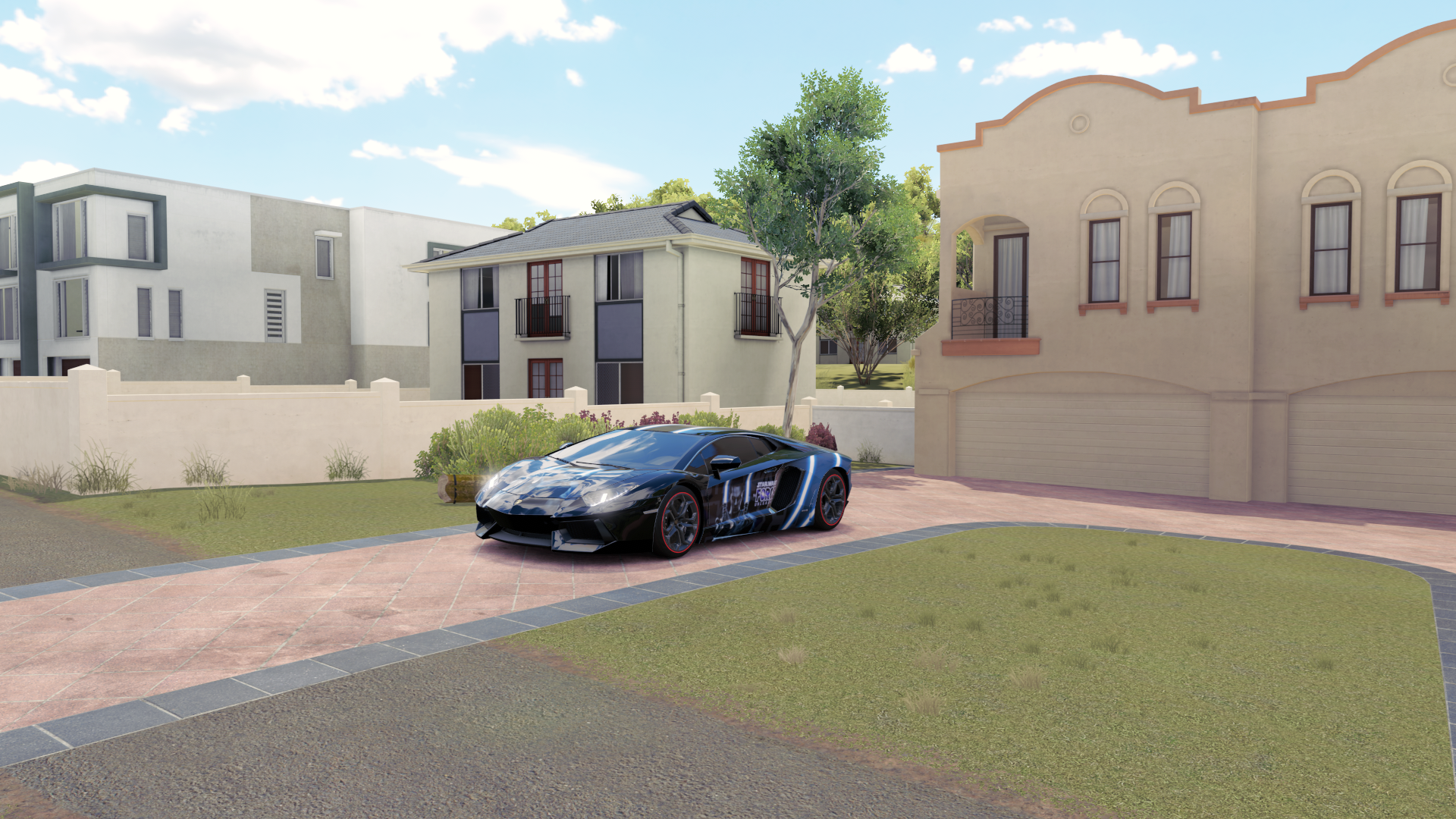 Forza Horizon 3 video game HD PC desktop wallpaper/background: sleek blue supercar cruising a sunlit suburban street with modern houses and trees.