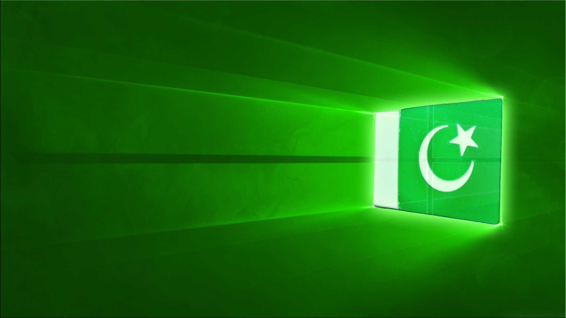4K Ultra HD PC desktop wallpaper featuring a glowing green window with the flag of Pakistan, showcasing its crescent and star emblem against a dark green background.