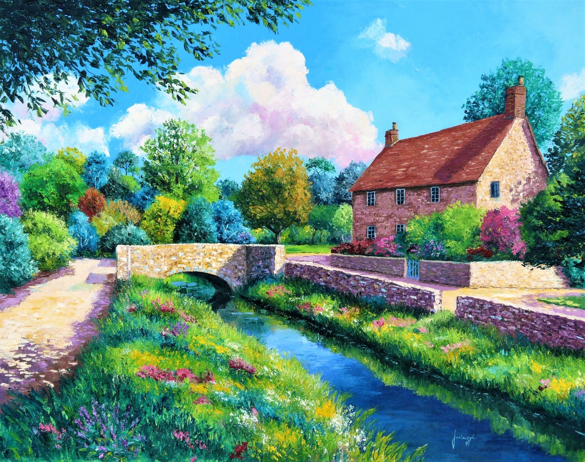 Impressionist painting of a colorful countryside field with a stone house, vibrant trees, and a small stone bridge over a flowing stream, rendered as an HD desktop wallpaper.