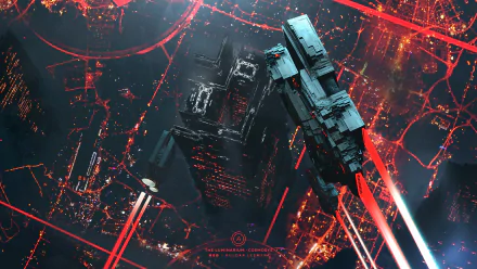 Futuristic vehicle flying past skyscrapers in a sci-fi city, with neon lights illuminating the urban landscape. HD desktop wallpaper and background.