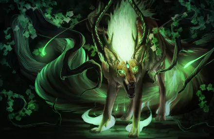 HD desktop wallpaper featuring a fantasy creature with glowing green eyes and mystical horns, set against a dark, enchanted forest background.
