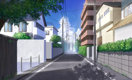 HD anime original artwork of a quiet, sunlit urban street lined with houses and power lines, designed as a PC desktop wallpaper and background.
