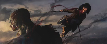 Mikasa Ackerman leaps into action against the Colossal Titan in this vibrant HD wallpaper from the anime Attack on Titan, showcasing a dramatic blend of tension and artistry.