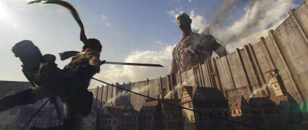 Mikasa Ackerman faces the Colossal Titan in this HD wallpaper from Attack on Titan, showcasing a dramatic battle scene against a backdrop of towering walls and houses.