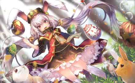 Anime girl with long flowing hair and bunny ears, surrounded by colorful Easter eggs and rabbits, depicted in vibrant detail for an HD PC desktop wallpaper.