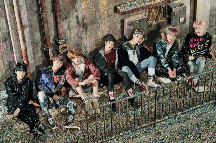 HD desktop wallpaper featuring BTS members RM, Suga, Jin, J-Hope, Jimin, V, and Jungkook, all dressed in colorful outfits, sitting together in an industrial-themed setting.