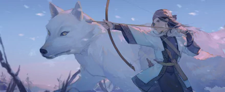 HD desktop wallpaper featuring Asirpa and a large white wolf from the anime Golden Kamuy. Asirpa is drawing a bow while the wolf stands alert beside her in a snowy landscape.